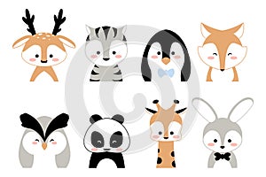 Cute animals. Kids characters, portraits of deer panda giraffe tiger on white background. Print or textile template, web