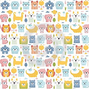 cute animals lion, bear, pastel color seamless pattern for baby shower decor, nursery print, kids apparel, Generative AI