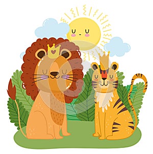 Cute animals lion with crown and tiger grass vegetation nature wild cartoon