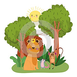 Cute animals lion monkey and opossum trees foliage grass forest wild cartoon