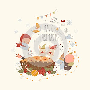 Cute Animals with Little Angel baking Magic Christmas Pie