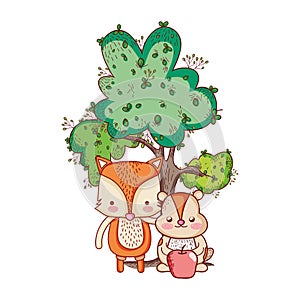 Cute animals, little fox and beaver with tree apple cartoon