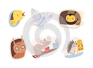 Cute animals living in their cozy burrows and tree hollows set. Mouse, owl, hedgehog, bird, bee doing casual things at
