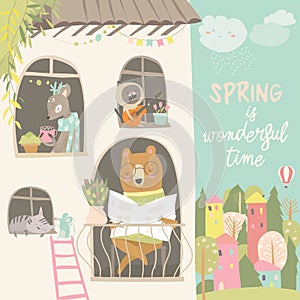 Cute animals look out of the windows. Hello spring