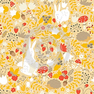 Cute animals on magic forest seamless pattern. Rabbit and hedgehog vector