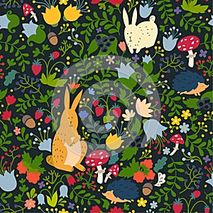 Cute animals on magic forest seamless pattern. Rabbit and hedgehog vector illustrations for baby