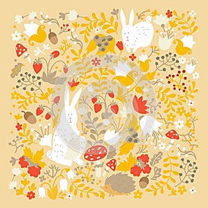 Cute animals on magic forest vector design. Cartoon rabbit and hedgehog illustrations for baby on light background