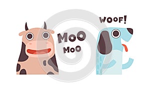 Cute Animals Making Sounds Set, Adorable Cow, Dog Saying Moo, Woof Cartoon Vector Illustration
