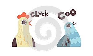 Cute Animals Making Sounds Set, Adorable Hen, Cuckoo Saying Cluck, Coo Cartoon Vector Illustration