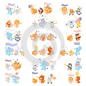 Cute animals marching and playing musical instruments set. Funny baby animals playing drum, trumpet and carrying flags