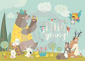 Cute animals meeting spring in the forest