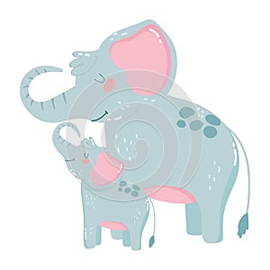 Cute animals mom and baby elephants icon design white