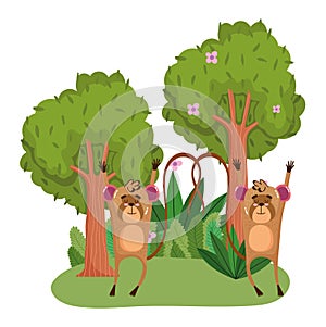 Cute animals moneky trees flowers grass forest nature wild cartoon