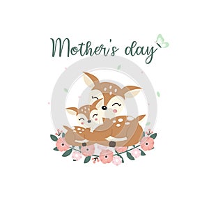 Cute animals for Mothers Day card. Deer Mom and Her Baby cartoon.