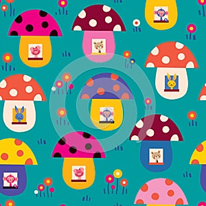 Cute animals in mushroom houses kids pattern