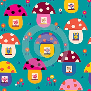 Cute animals in mushroom houses kids pattern photo