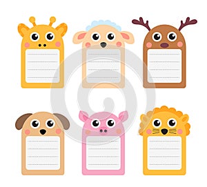 Cute animals note set of scrapbook elements. Vector illustration