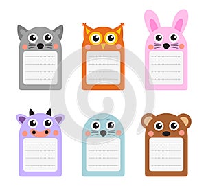 Cute animals note set of scrapbook elements. Vector illustration