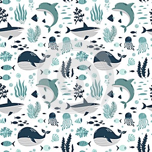 Cute animals of the ocean, marine mammals, dolphin and whale, seamless pattern, cartoon vector illustration