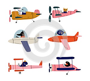 Cute animals pilots flying on airplanes set. Elephant, cat, dog, fish, octopus, bird, piloting retro plane cartoon