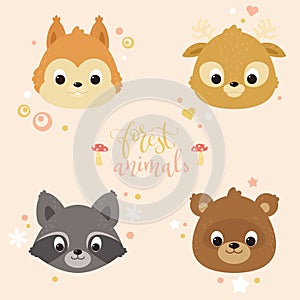 Cute animals portraits: a squirrel, deer, raccoon, bear. Cute characters design