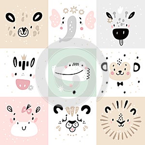 Cute animals posters. Funny safari fauna faces, cartoon square kids cards with wildlife characters, zebra and crocodile