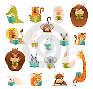 Cute Animals Reading Book Enjoying Interesting Story Big Vector Set