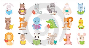 Cute Animals Reading Book in Hard Cover Enjoying Interesting Story Big Vector Set