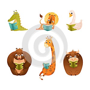 Cute Animals Reading Book in Hard Cover Enjoying Interesting Story Vector Set