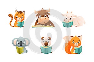 Cute Animals Reading Book in Hard Cover Enjoying Interesting Story Vector Set