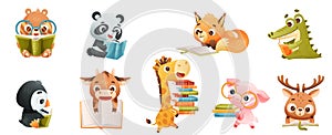 Cute Animals Reading Book in Hard Cover Enjoying Interesting Story Vector Set