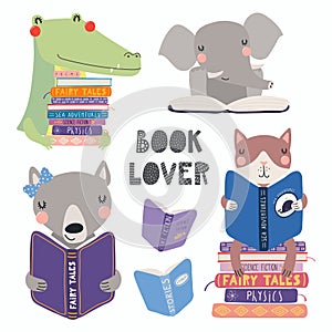 Cute animals reading books set