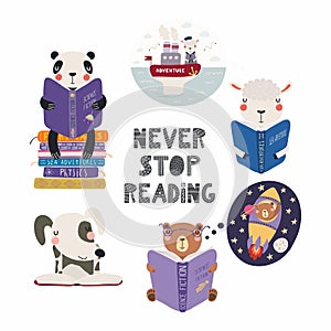 Cute animals reading books set