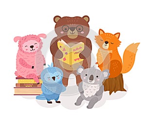 Cute animals reading. Wild animal read books, funny bear holding book. School study, library child characters