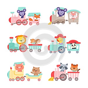 Cute animals riding train set. Little monkey, cat, lion, squirrel, panda, duckling, tiger on toy locomotive cartoon