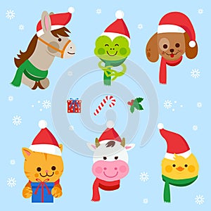 Cute animals with Santa Claus hats holding Christmas presents. Vector illustration