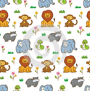 Cute animals seamless background with lion, monkey, snake, etc