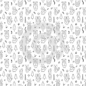 Cute animals Seamless pattern. Cartoon Animals in forest background. Vector illustration