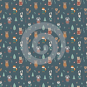 Cute animals Seamless pattern. Cartoon Animals in forest background. Vector illustration