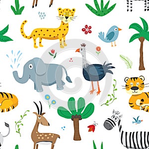 Cute Animals Seamless pattern. Cartoon Animals and plants doodles. Cartoon Vector illustration