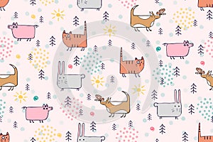 Cute animals seamless pattern. Hand drawn dog, cat, bunny, pig cartoon character childrens illustration. Different pets