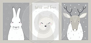 Cute animals set, arctic hare, fox, reindeer