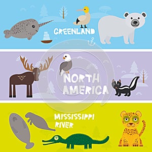 Cute animals set crocodile alligator skunk polar bear elk gannet narwhal skunk Manatee cougar eagle, kids background North America