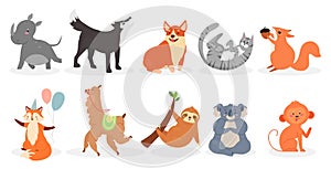 Cute animals set, domestic pets and zoo or wild animals characters isolated collection