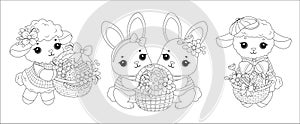 Cute animals set. Easter bunny and sheep with a basket. Hand drawn black and white outline drawing for coloring book