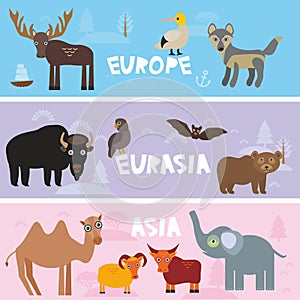 Cute animals set Parrot bison brown bear Camel sheep, cow elephant booby moose wolf bat deer, kids background Europe Asia Eurasia