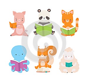 Cute Animals Sitting and Reading Book Enjoying Interesting Story Vector Set