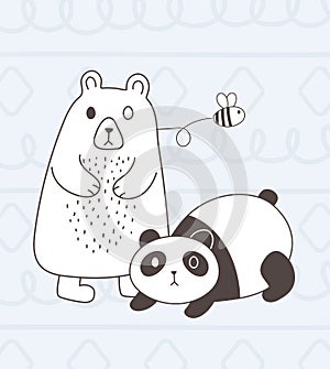 Cute animals sketch wildlife cartoon adorable panda bear and flying bee