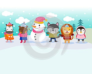 Cute animals and snowman