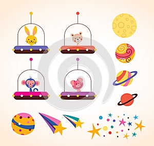 Cute animals in space ships kids design elements set